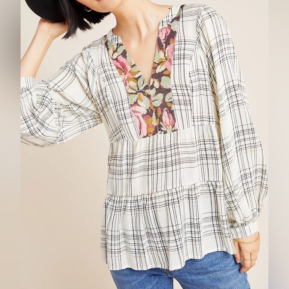Anthropologie Darlene Plaid Peasant Blouse Size Small